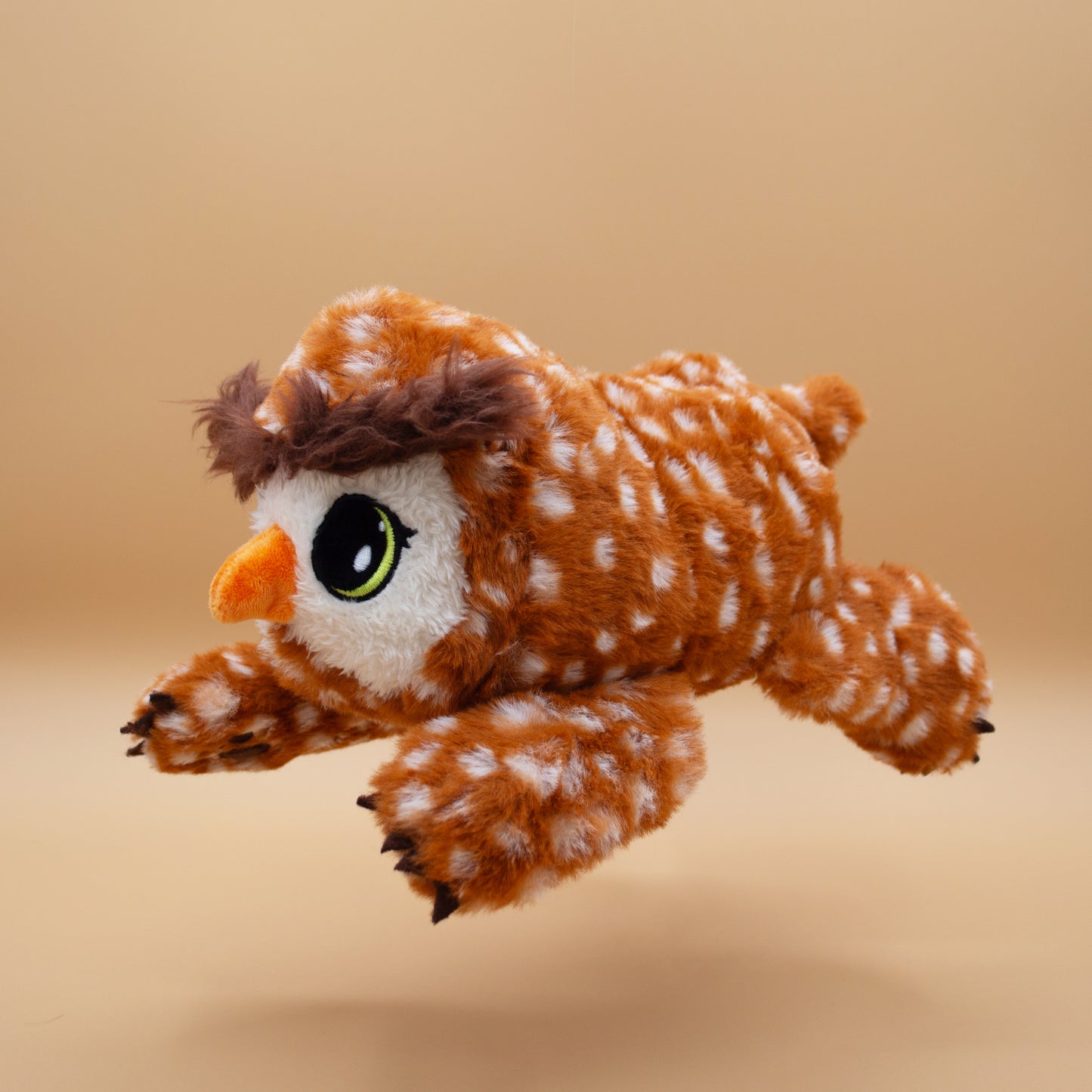 Brown owlbear plush dog toy with squeaker and crinkle material