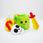 Green Gelatinous Cube Dog Toy - Puzzle Plush with Sword, Shield, Bone and Skull inserts