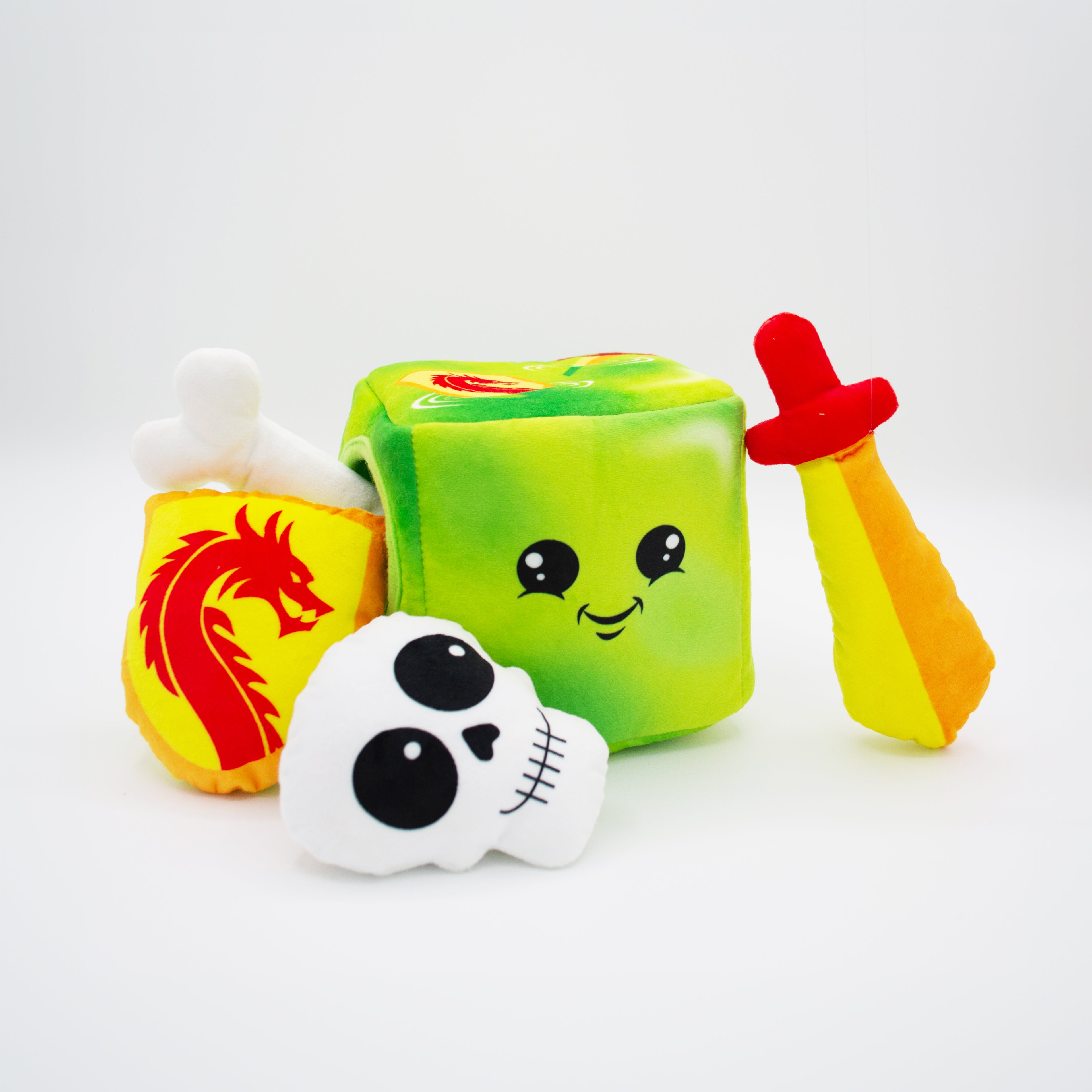 Green Gelatinous Cube Dog Toy - Puzzle Plush with Sword, Shield, Bone and Skull inserts