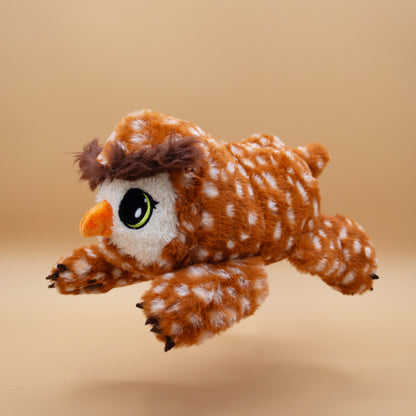 Brown owlbear plush dog toy with squeaker and crinkle material